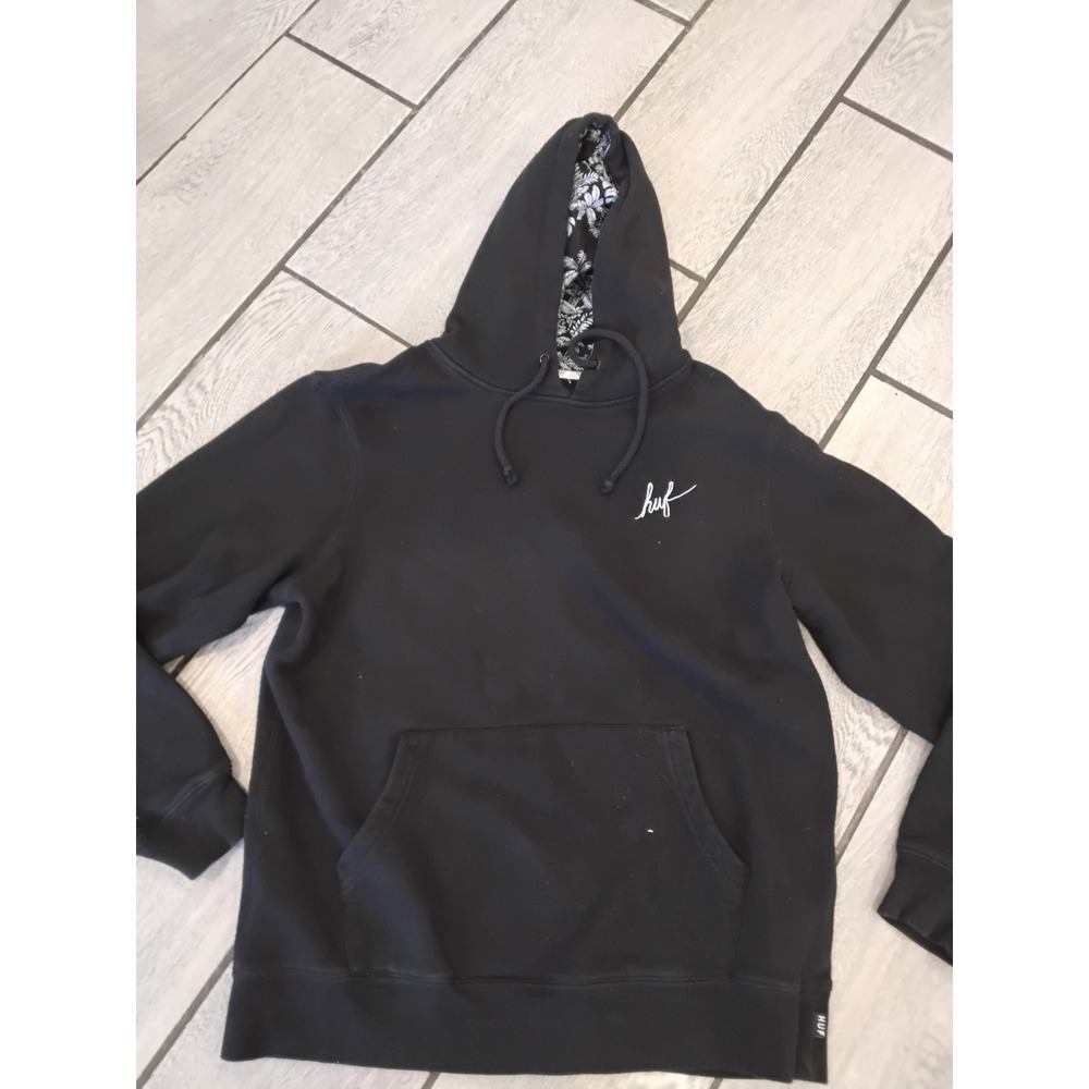HUF Worldwide Mens Small Black Script Logo Hoodie Floral Hood Lining Pullover